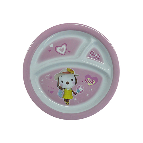 [106-1934] PLATO DE MELAMINA CON DIVISION COLOR BLANCO / ROSA 21.59 CM